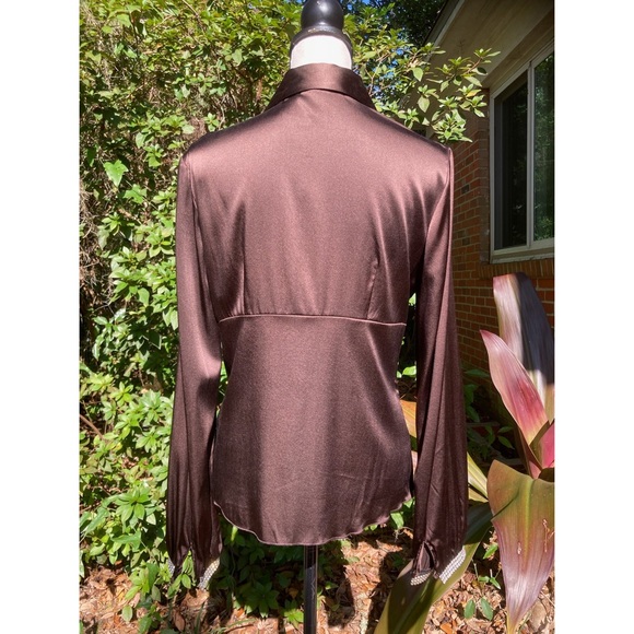 Trina Turk Brown Silk Blouse - Large, Rhinestone Cuffs Long Sleeve, Saks 5th Ave - Picture 7 of 8